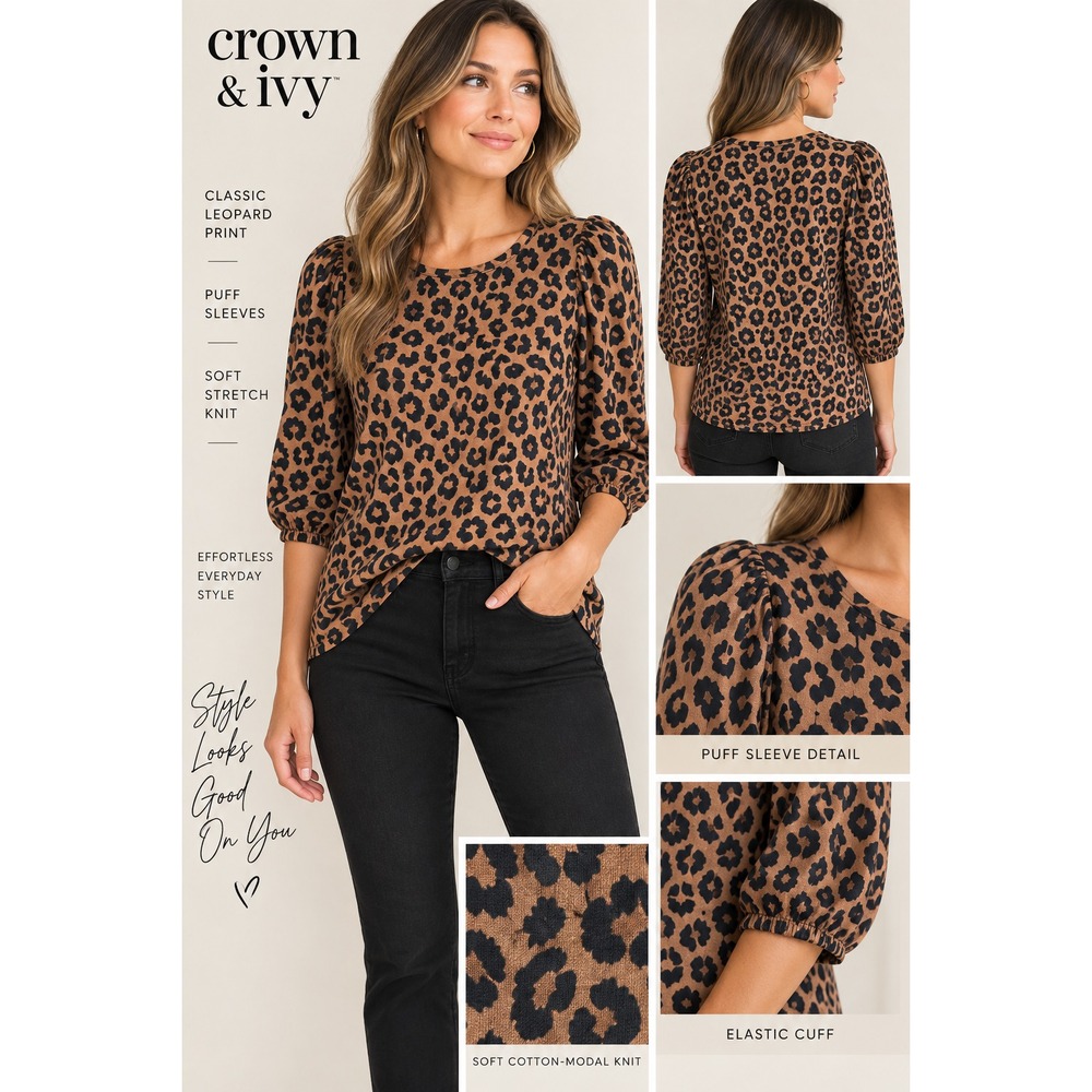 New Crown & Ivy Leopard Print Top L Puff Sleeve Animal Print Preppy Stretch Tee